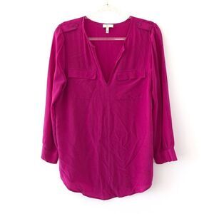 Joie Silk Blouse Hot Pink Long Sleeve Split Neck Flap Pockets M